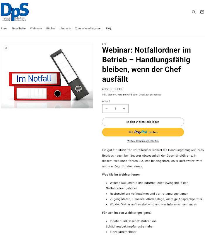 Screenshot des DpS-Shops mit dem Webinar Notrallordner