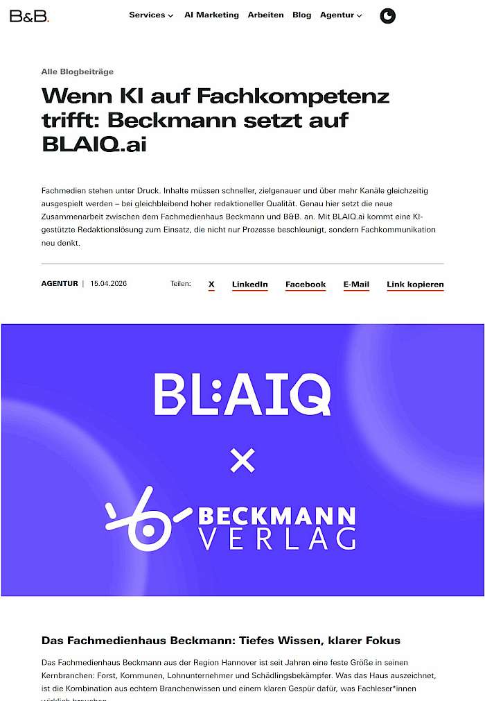 Screenshot des Beitrages von BLAIQ über die Zusammenarbeit mit dem Beckmann Verlag