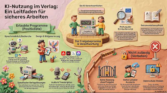 (KI-generierte) Infografik (auf Basis unserer KI-Richtlinie) der zulässigen KI-Programmen im Beckmann Verlag