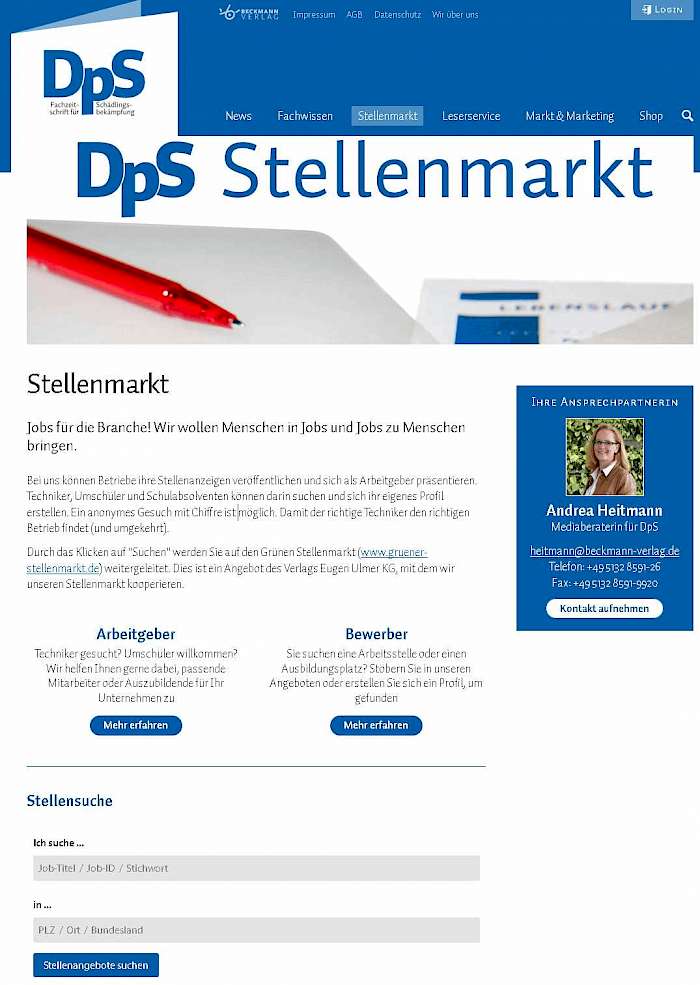 Internetseite des DpS Stellenmarktes
