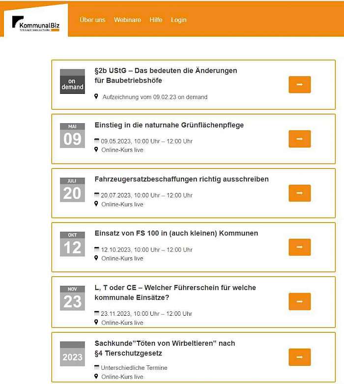 Screenshot aller 2023er Webinare von KommunalBiz