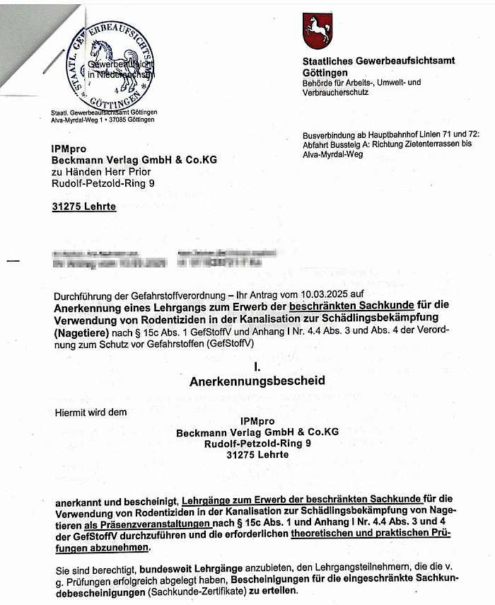 Scan vom Anerkennungsbescheid beschränkte Sachkunde Rodentizide in der Kanalisation für IPMpro vom Beckmann Verlag